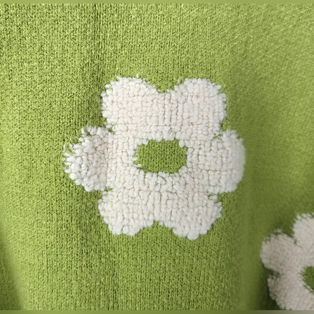 Luna Ivy Lime 3D Ivory Daisy Cropped Sweater Womens L Long Sleeve Retro Crew - Picture 4 of 13